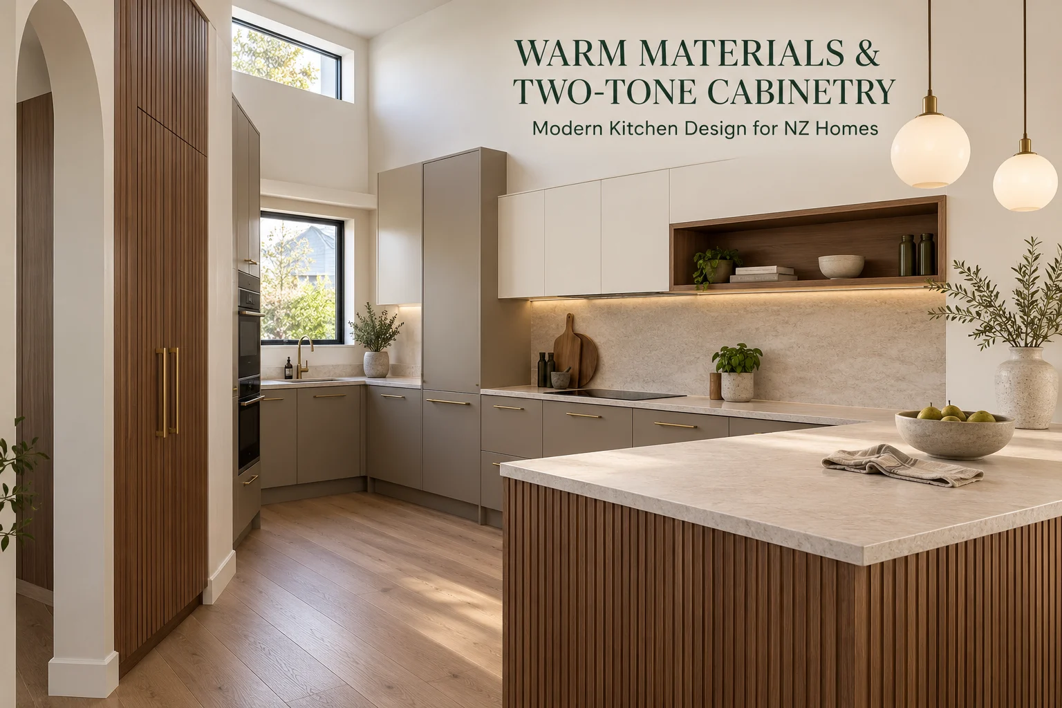 Warm materials and two-tone cabinetry in a modern New Zealand kitchen
